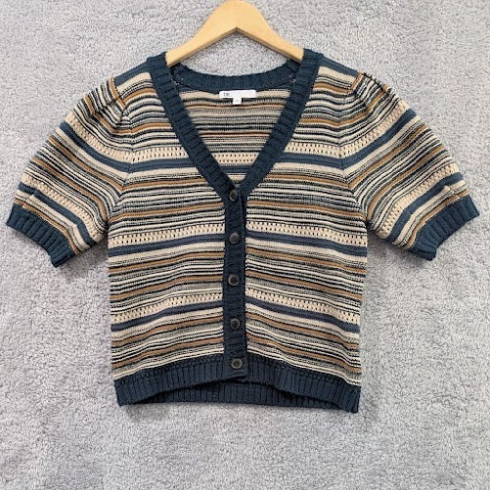 DR2 Cardigan Women Small Teal Tan Brown Striped Puff Short Sleeve VNeck Metallic